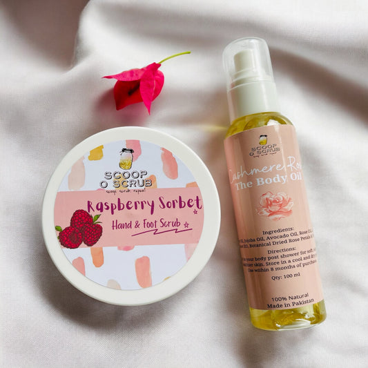 Raspberry Sorbet hand & foot scrub and Cashmere Rose body oil - Scoop O Scrub