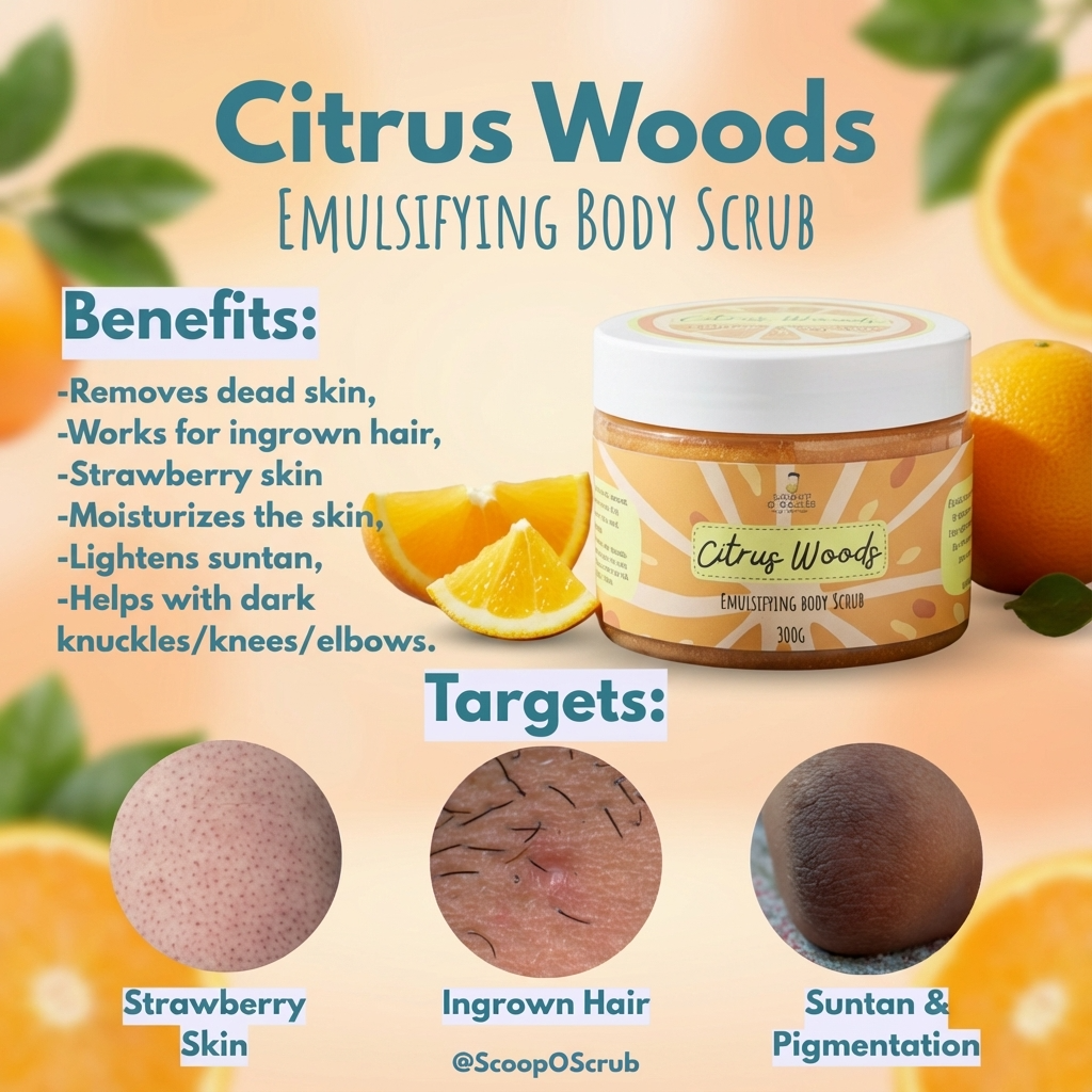 Citrus Woods emulsifying body scrub with benefits and targets listed, surrounded by oranges and lemons.