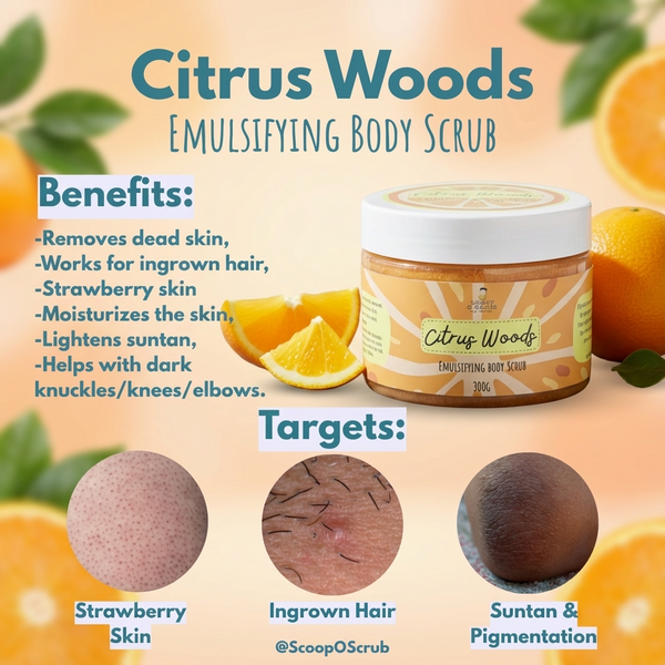 Citrus Woods emulsifying body scrub with benefits and targets listed, surrounded by oranges and lemons.