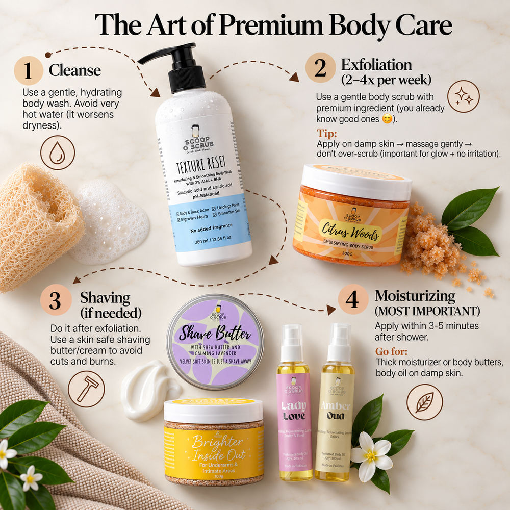 An educational infographic titled 'The Art of Premium Body Care' detailing a four-step skincare routine: Cleanse, Exfoliation, Shaving, and Moisturizing. It features illustrations and photos of various body care products including Teflure Reset, Clay Woods Exfoliating Scrub, Shave Butter, and Love & Lust lotions, styled with natural ingredients and props on a neutral background.