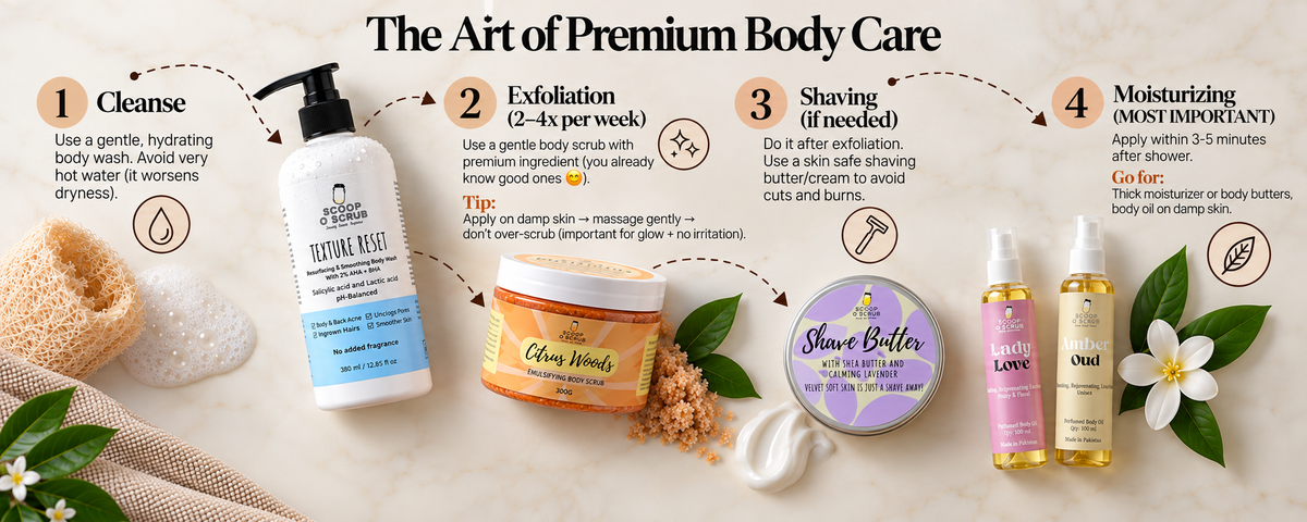 An infographic-style body care routine titled 'The Art of Premium Body Care' on a beige stone-textured background. It shows four numbered steps with text and small photos of products: a black pump bottle labeled 'TENSING BLADE,' a yellow/orange tube labeled 'Glow Winkles,' a round purple bar of soap labeled 'Shine Butter,' and two small gold bottles labeled 'Love' and 'Rose.