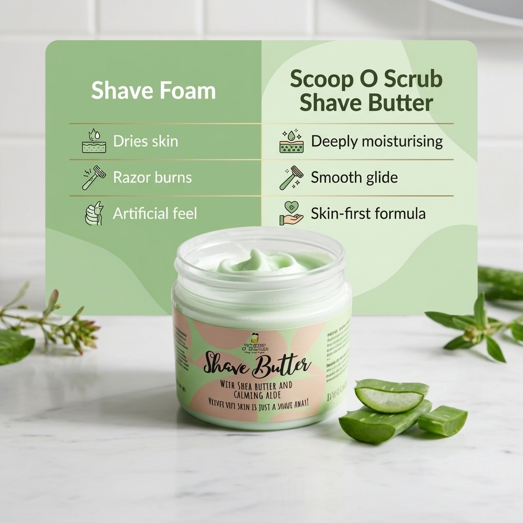 Jar of shave butter with a green label on a white surface, featuring a scoop o scrub product in the background.