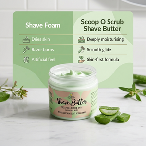 Jar of shave butter with a green label on a white surface, featuring a scoop o scrub product in the background.