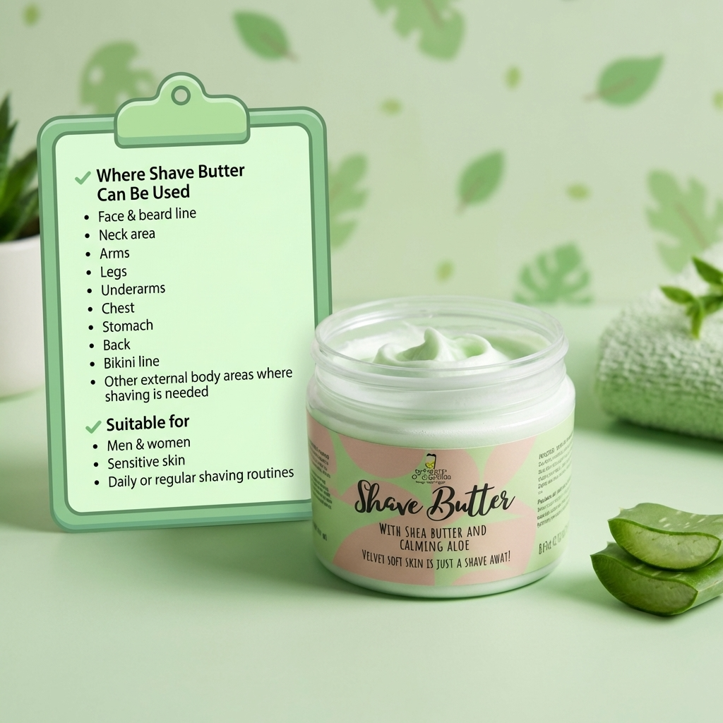 Jar of shave butter with a label and a green card with usage instructions on a light green background.